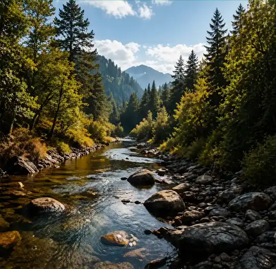 River landscape with tall trees